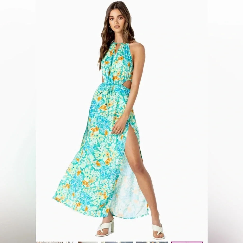 Lé Salty Label Bianca Maxi Dress Cutaway Teal Tropical Floral Green Blue SZ M - Picture 4 of 8